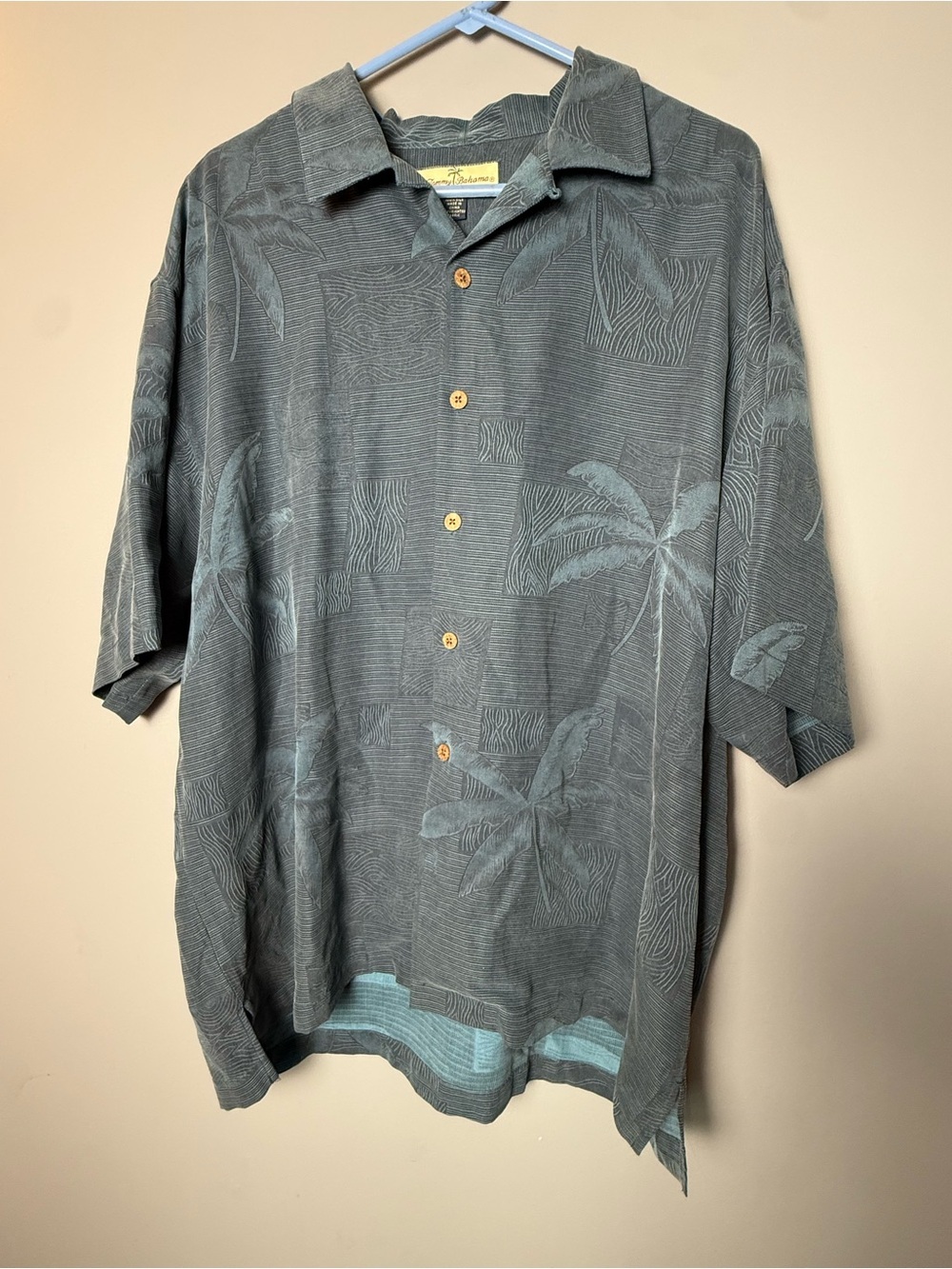 Tommy Bahama Gray 100% Silk Hawaiian Palm Tree Jacquard Camp Shirt Mens Sz XL